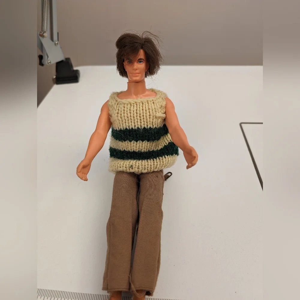 Vintage Ken Doll Rooted Dark Brown Hair Blue Eyes, 1968 with hand knit sweater